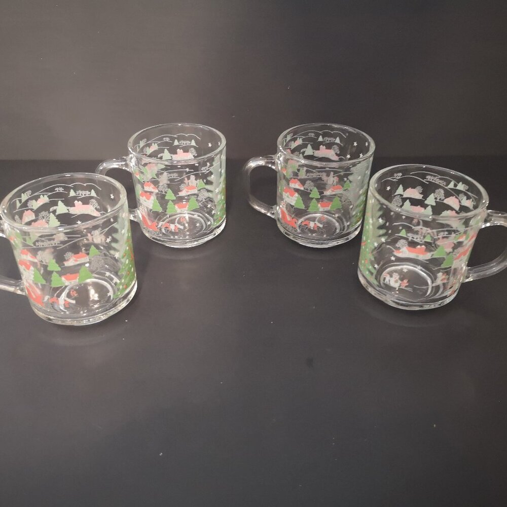 Vintage Kig Indonesia Set of 4 Clear Glass Christmas Scene Mugs w/ Handles